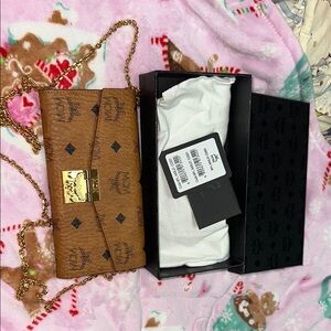 MCM Brown Monogram Clutch with Gold Hardware